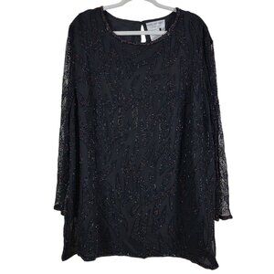 Papell Boutique Evening Womens Black Silk Multicolor Beaded Sheer Formal Top 2X